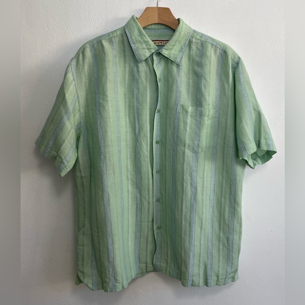 Havanera Men’s Striped Blue /Green Button Down Short Sleeve Shirt L